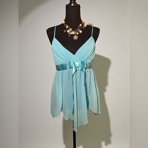 Frederick’s of Hollywood Y2K Sheer Babydoll Cami Aqua Blue Satin Tie Size M